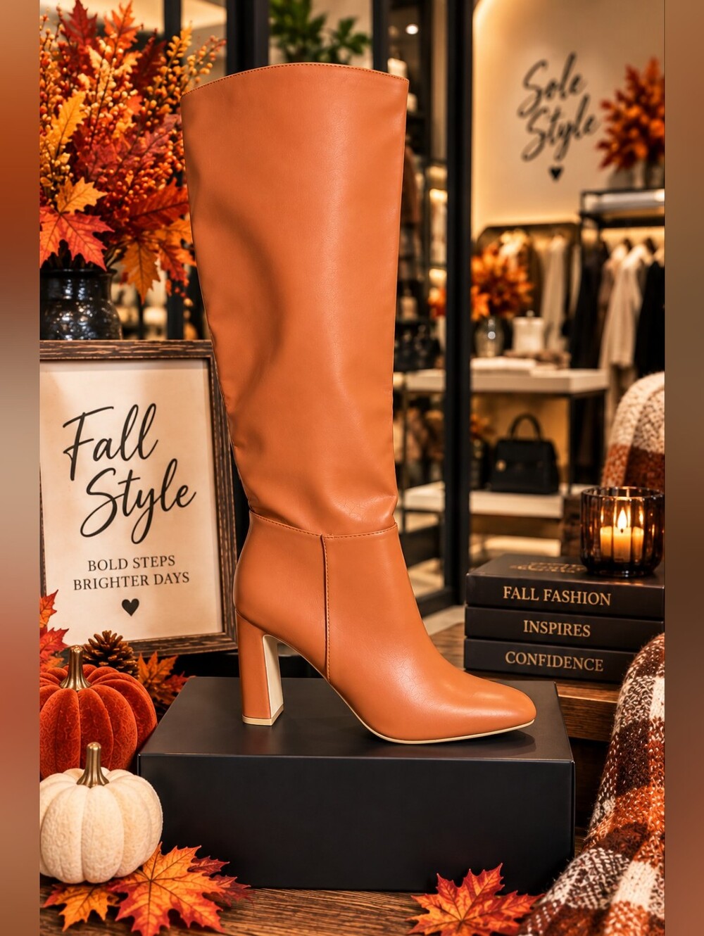 Cognac Knee-High Block Heel Boots – Women’s Size 8 – NIB